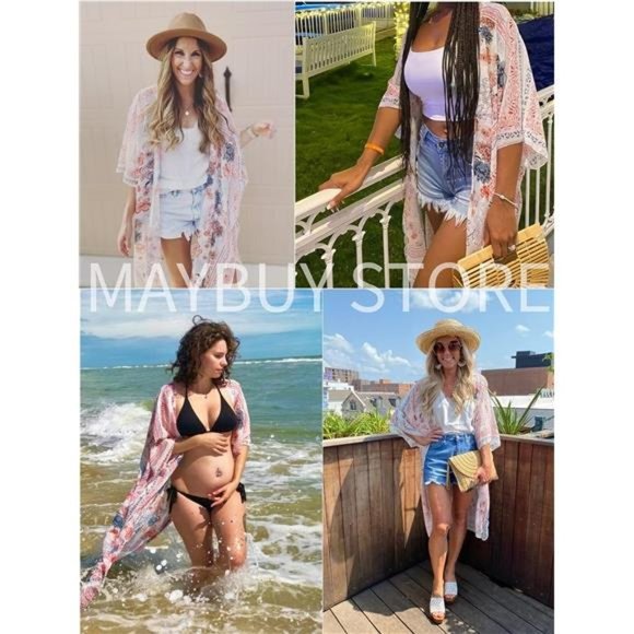 Women's Summer Long Flowy Kimono Cardigans Boho Chiffon Beach Cover Up Tops - Picture 4 of 6